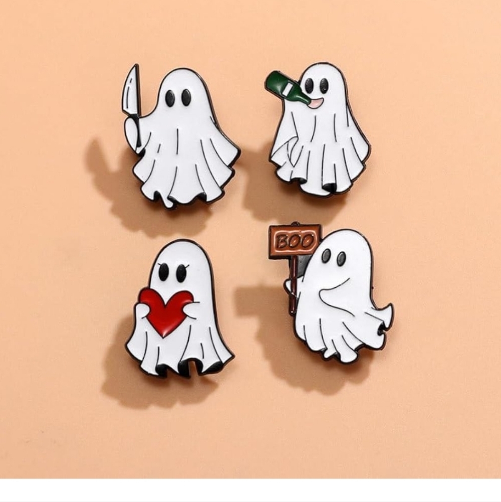 Cute Ghost Enamel Pin Set - White with Red & Green Accents